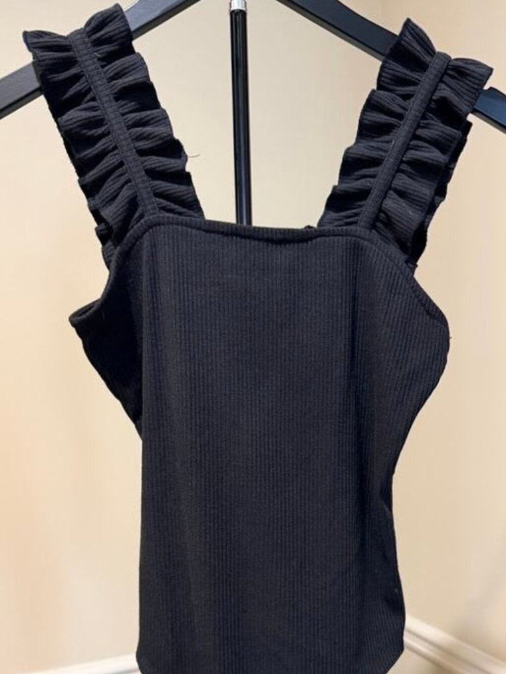 ribbed bodysuit ruffle strap black
